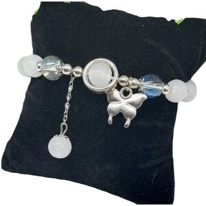 Bracelet White, Earadecent, and Silver Beads with Butterfly Charm NEW